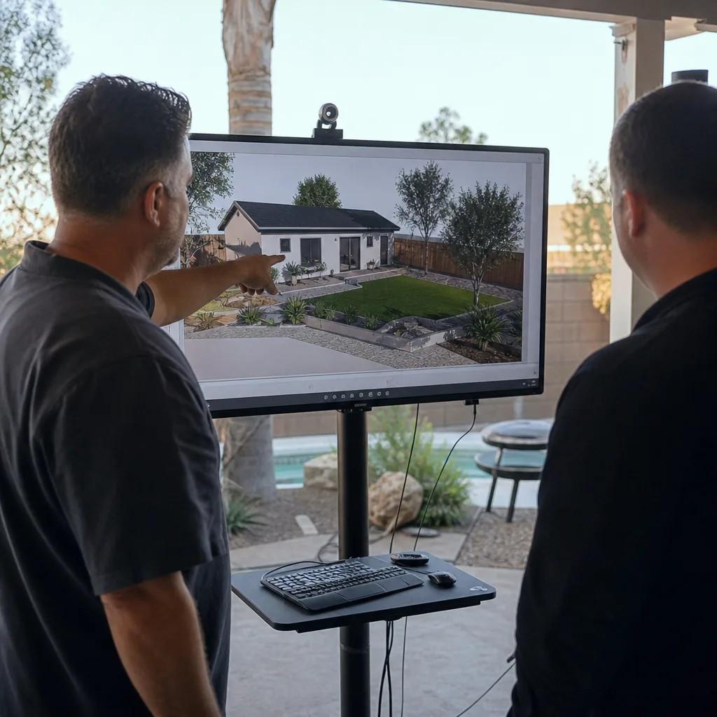 Two professionals reviewing ADU home design and permitting project on screen