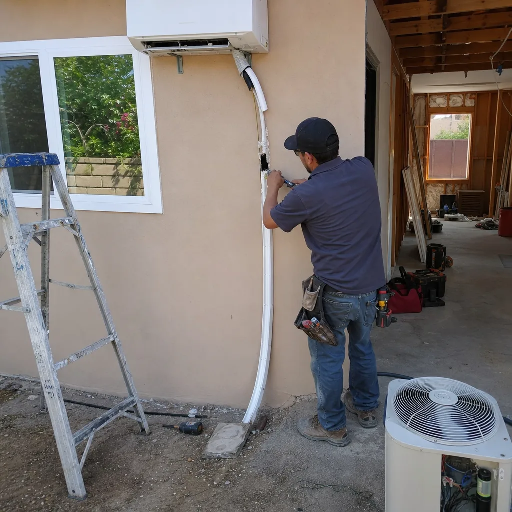 Contractor installing mini-split HVAC system for a garage conversion ADU