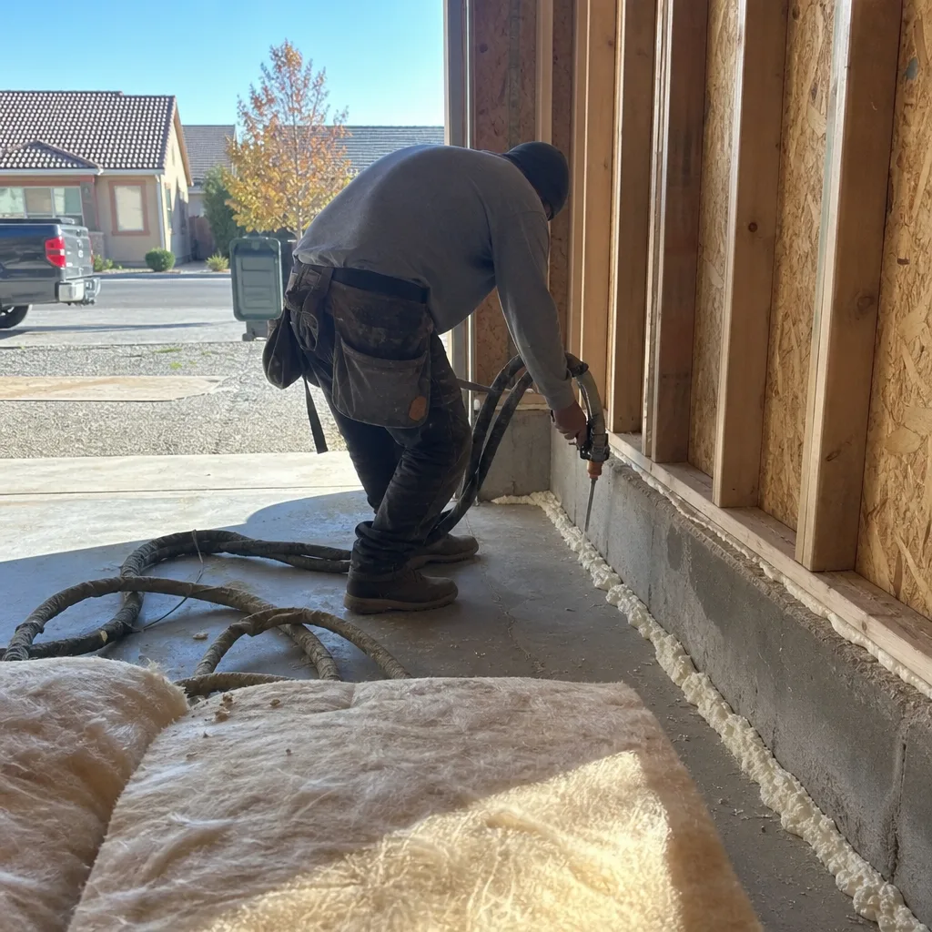 Contractor applying spray foam insulation for garage conversion ADU project