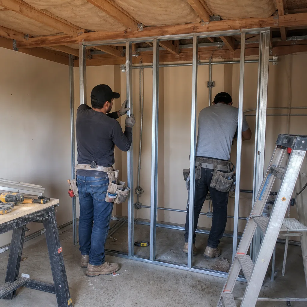 Two construction workers framing a wall during a garage ADU conversion.