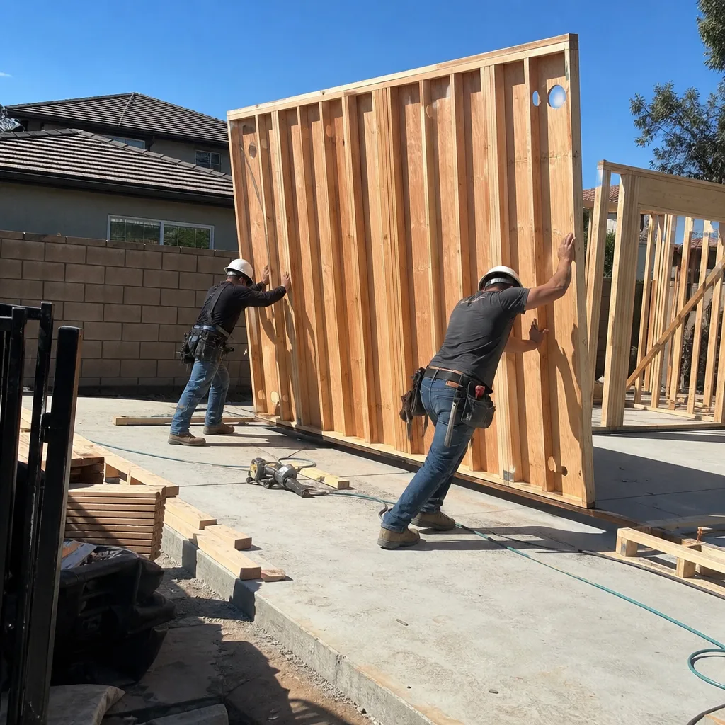 Two contractors installing a prefabricated wooden wall frame for a detached ADU.