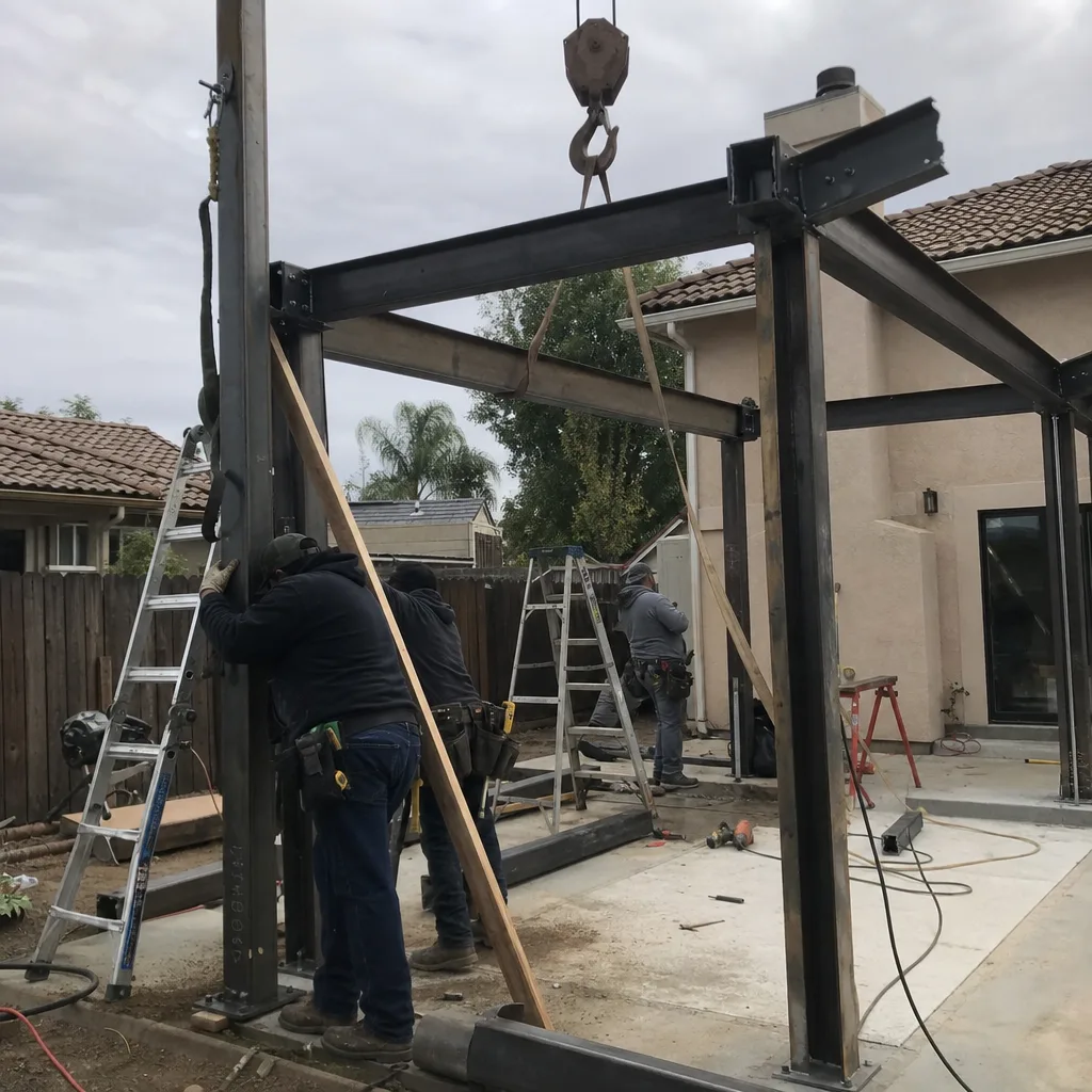 Construction crew installing structural steel frame for a detached ADU.