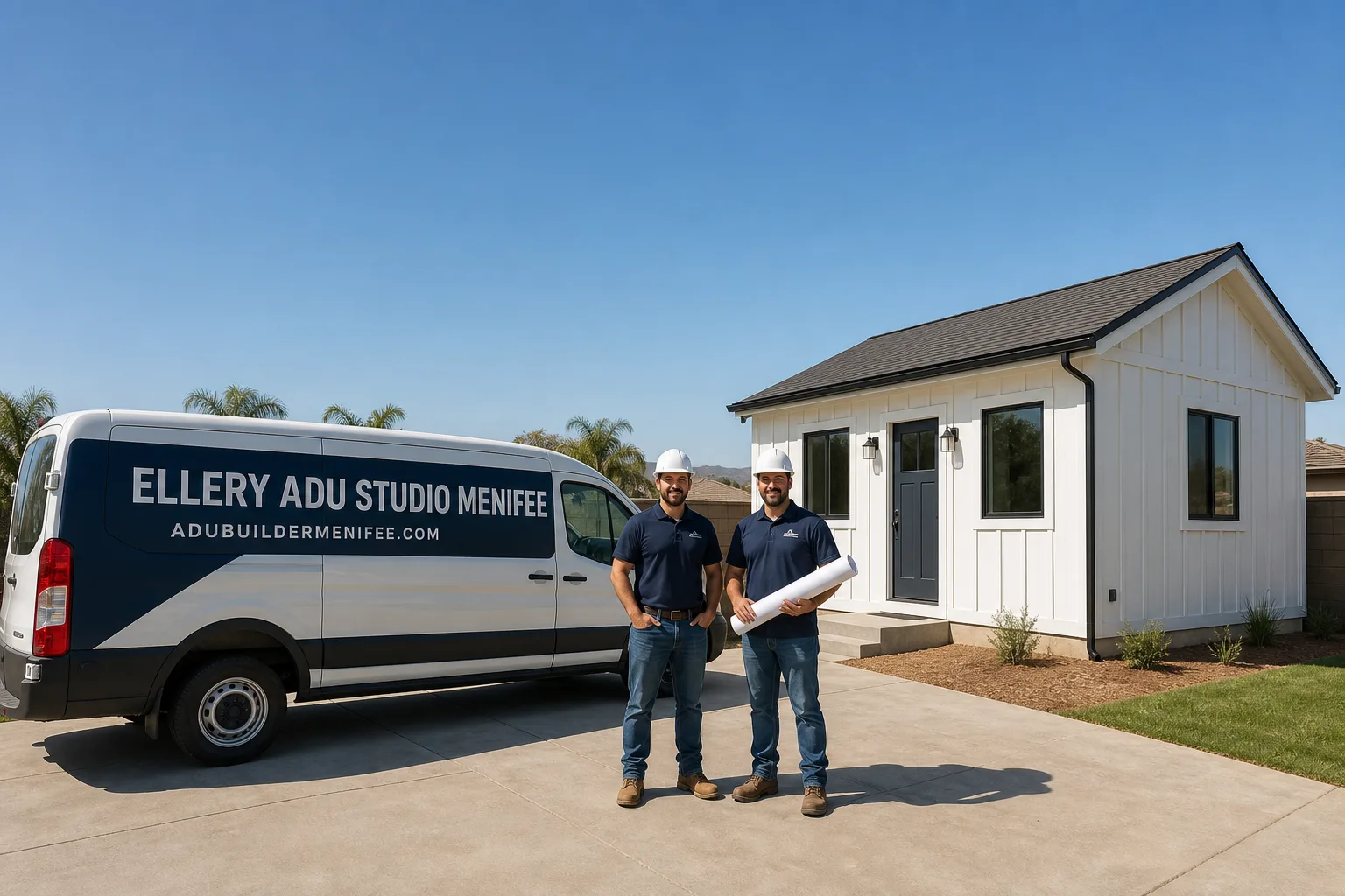 Ellery ADU Studio Menifee adu service vehicle and crew in Menifee, CA